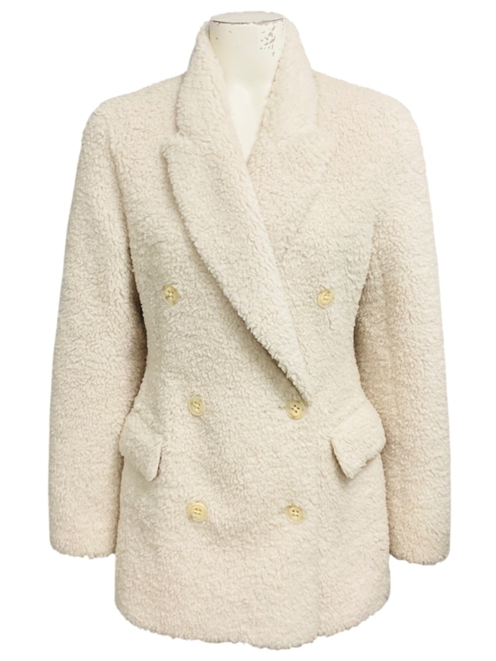 DOROTHEE SCHUMACHER CREAM DOUBLE BREASTED FAUX FUR SHERPA COAT